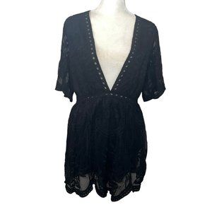 Like new The Impeccable Pig Black Deep V Lace Romper or Mini Dress Size …
